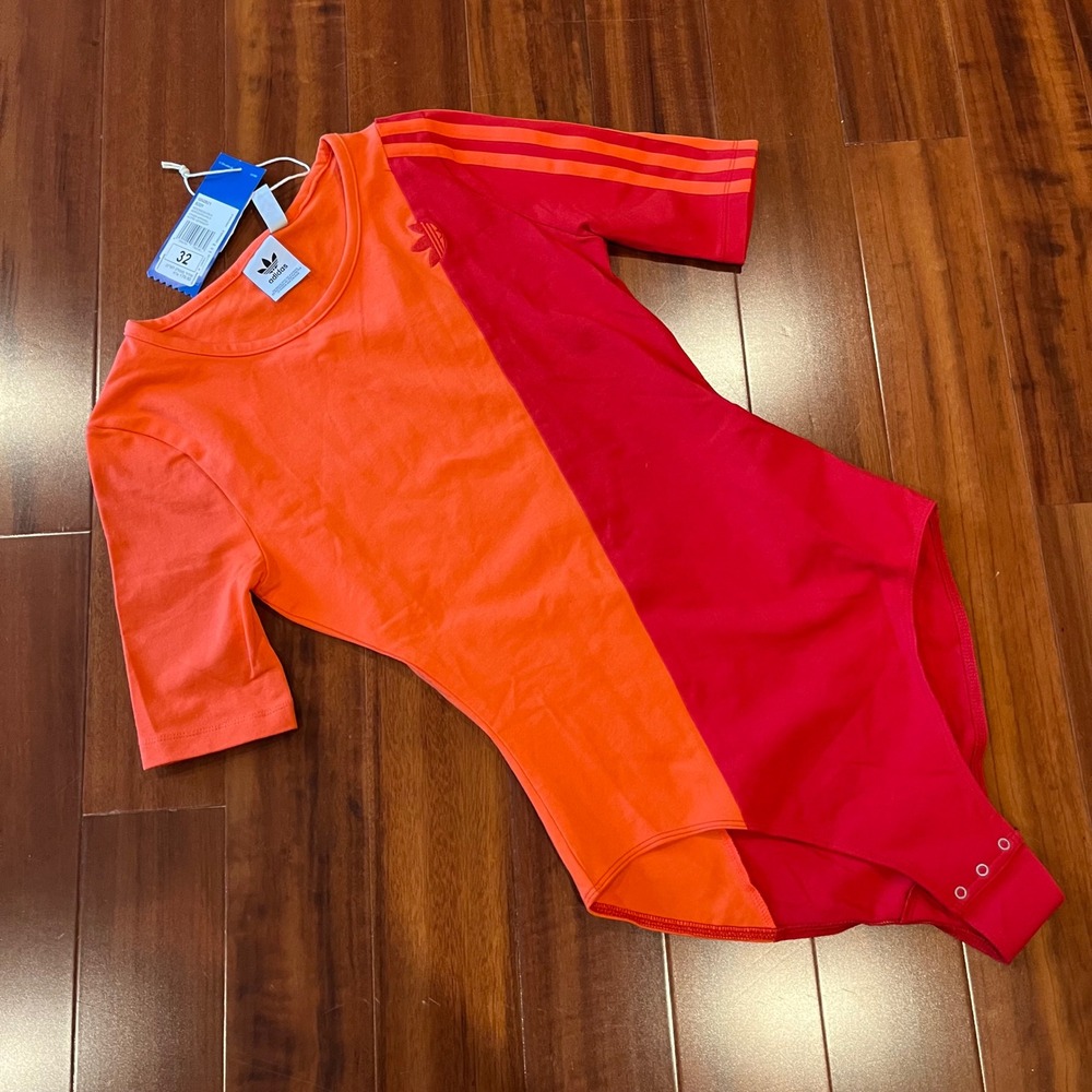 Adidas Active Bodysuit Leotard Colorblock Orange Red One-Piece Short Sleeve XS